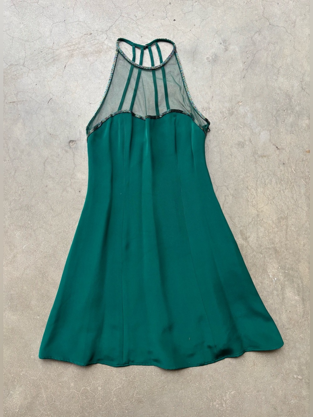 VTG Niteline Della Roufogali 100% Silk Beaded Halter Dress Emerald Green 8